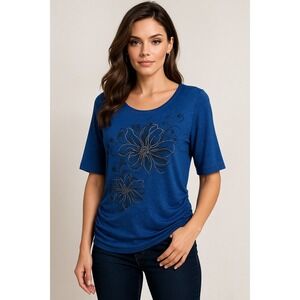 Fashion Bug Top Womens 1X Blue Floral Metallic Shimmer Ruched Evening Classic‎